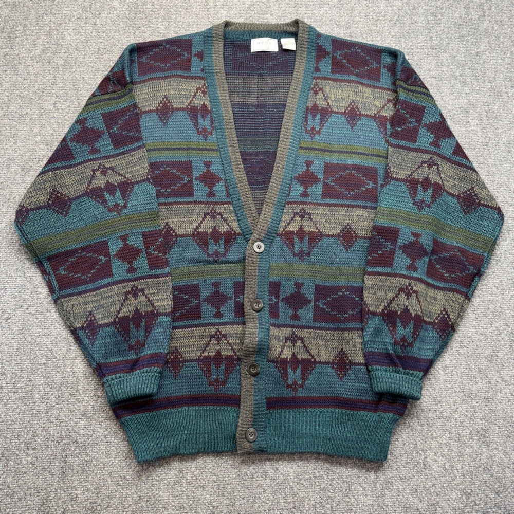 Vintage The Mens Store at Sears Southwestern Geometric Cardigan Teal Large Tall